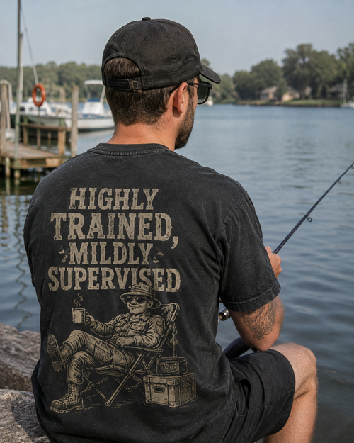 Highly Trained, Mildly Supervised T-Shirt — Military Skull Graphic Tee with Flag